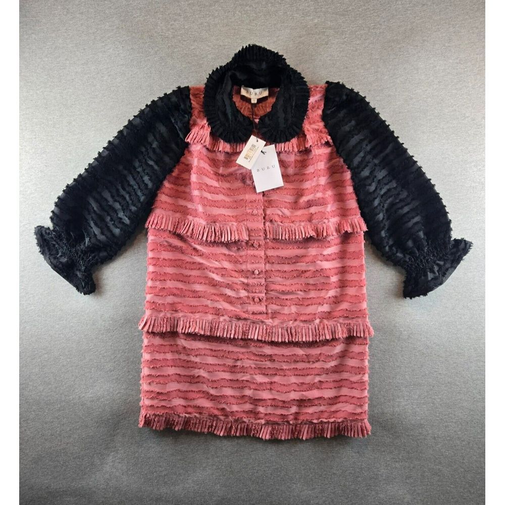 NWT Buru Peter Pan Collar Mini Dress Rose & Black Fringe, Size Small Designer
